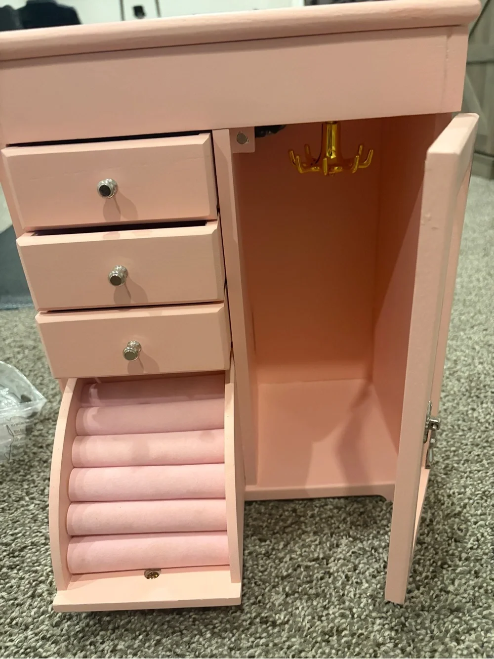 Pink Jewelry Organizer Cabinet with Mirror and Drawers for Girls